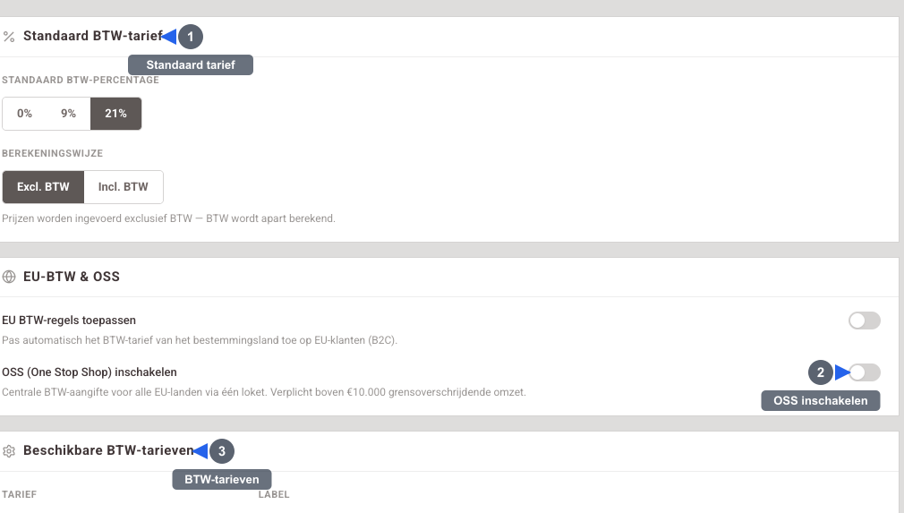 BTW-instellingen - Visuele gids: de BTW-instellingen met het standaardtarief, EU-BTW & OSS en de beschikbare tarieven. Genummerde annotaties markeren: 1) het Standaard BTW-tarief (0%, 9% of 21%) en de Berekeningswijze Excl. of Incl. BTW, 2) EU-BTW & OSS met EU BTW-regels toepassen en OSS (One Stop Shop) inschakelen, 3) de tabel Beschikbare BTW-tarieven (21% Standaard, 9% Laag, 0% Vrijgesteld) en de knop Opslaan.