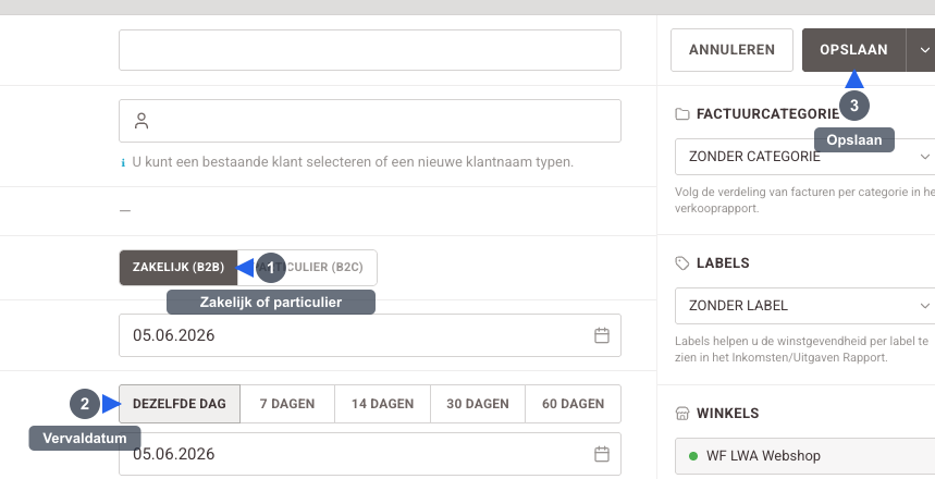 Factuur handmatig aanmaken - Visuele gids: het formulier 'Nieuwe factuur' waarmee u een factuur aanmaakt. Genummerde annotaties markeren: 1) de keuze Zakelijk/particulier, 2) het veld Vervaldatum, 3) de knop Opslaan.
