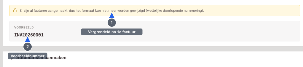 Factuurnummering instellen - Visuele gids: de kaart 'Factuurnummering' in de facturatie-instellingen. Genummerde annotaties markeren: 1) de waarschuwing dat de nummering wettelijk vergrendeld is na de 1e factuur, 2) het voorbeeldnummer (Voorbeeldnummer INV20260001)