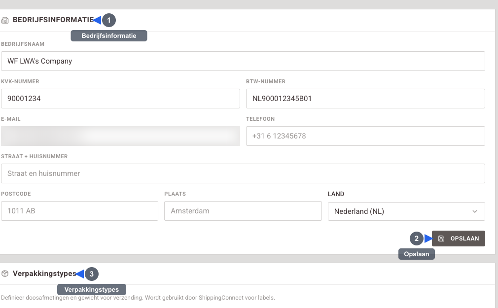 Instellingen - Visuele gids: de algemene instellingenpagina met het blok Bedrijfsinformatie. Genummerde annotaties markeren: 1) de bedrijfsinformatie met bedrijfsnaam, KVK-nummer, BTW-nummer en adres die op uw facturen verschijnt, 2) de knop Opslaan om de bedrijfsgegevens te bewaren, 3) de verpakkingstypes met doosafmetingen en gewicht voor verzendlabels.