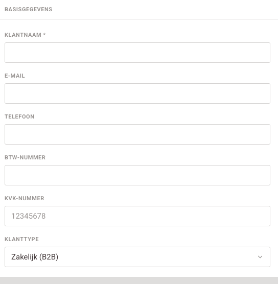 Basisgegevens (naam · e-mail · BTW · KVK)