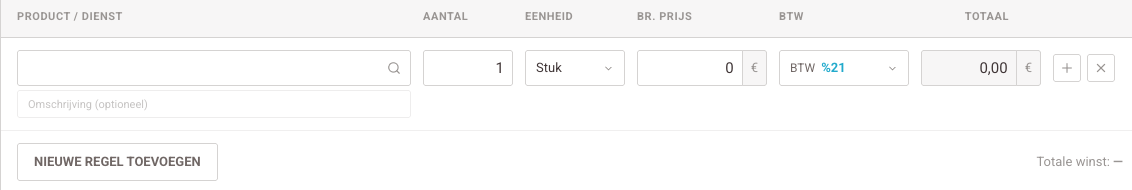 Omschrijving · Aantal · Prijs · Btw