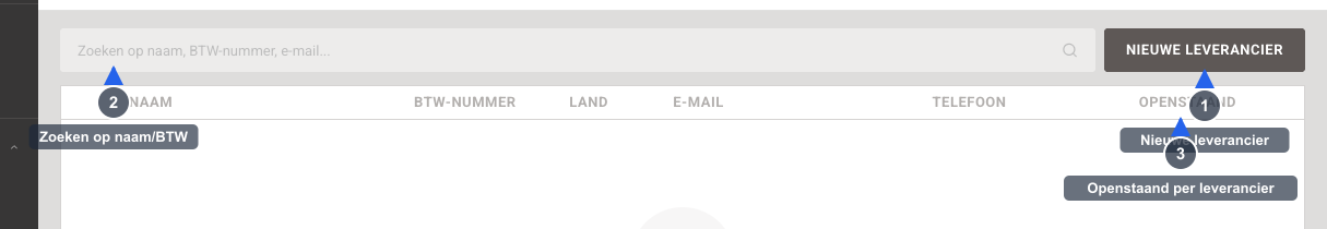 Leveranciers - Visuele gids: het leveranciersoverzicht met al uw leveranciers en hun gegevens. Genummerde annotaties markeren: 1) het zoekveld Zoeken op naam, BTW-nummer, e-mail en de knop Nieuwe leverancier, 2) de kolommen Naam, BTW-nummer, Land, E-mail en Telefoon, 3) de kolom Openstaand die toont wat u elke leverancier nog verschuldigd bent.