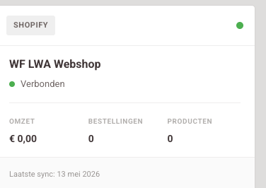 Platform · Verbonden · Omzet · Bestellingen · Producten